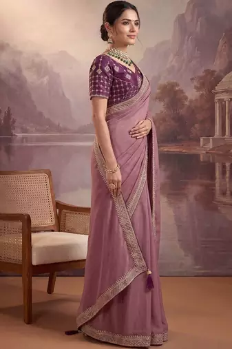 Purple embellished embroidered poly georgette heavy work saree