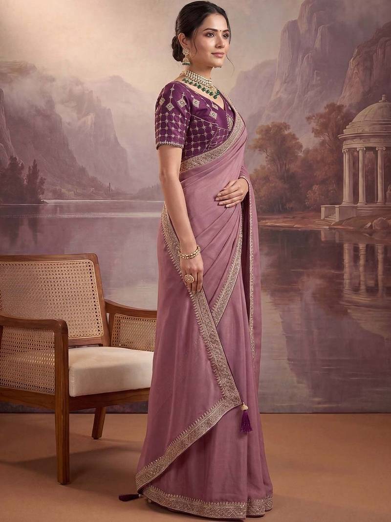 Purple embellished embroidered poly georgette heavy work saree