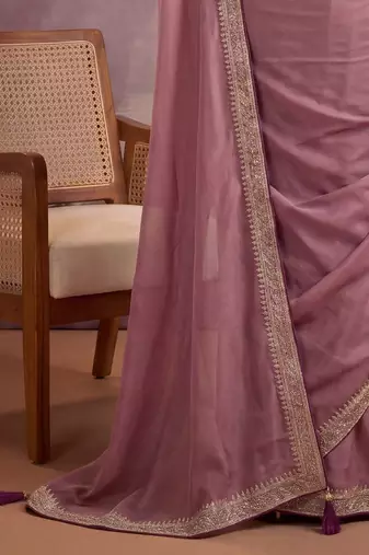 Purple embellished embroidered poly georgette heavy work saree