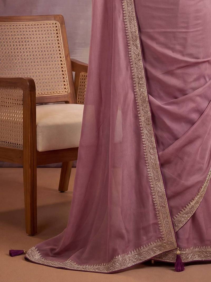 Purple embellished embroidered poly georgette heavy work saree