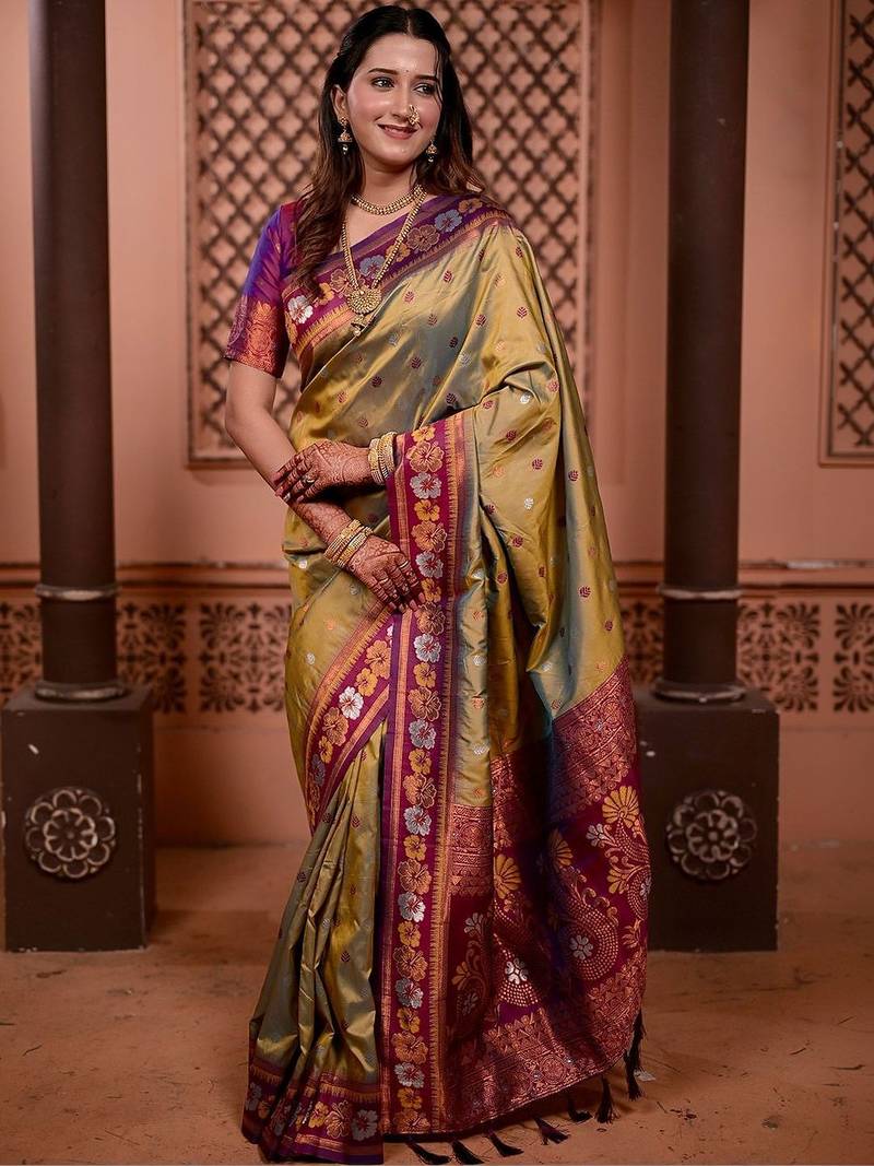 Green classic indian silk rich woven pallu design sarees