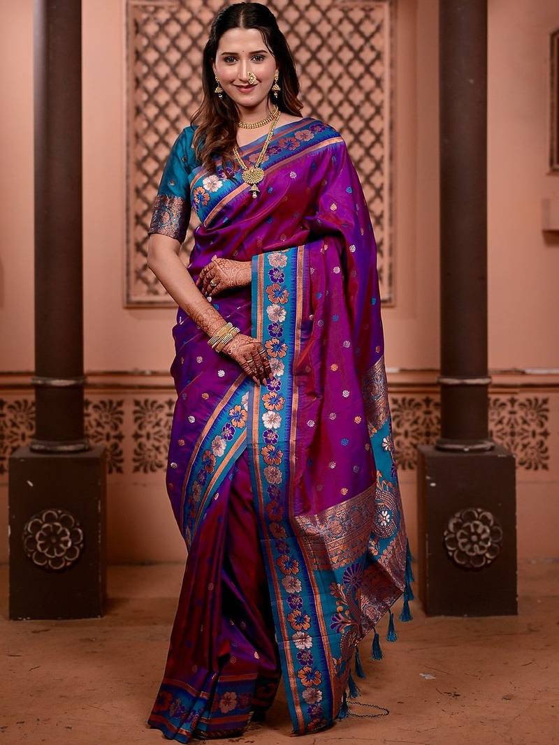 Purple classic indian silk rich woven pallu design sarees