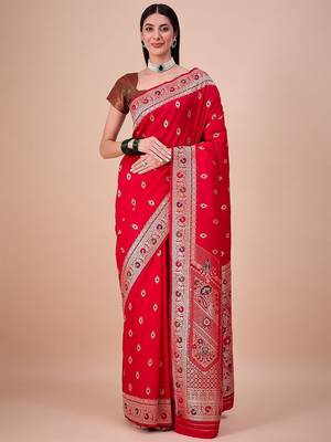 Red woven design zari banarasi saree with unstitched blouse 1