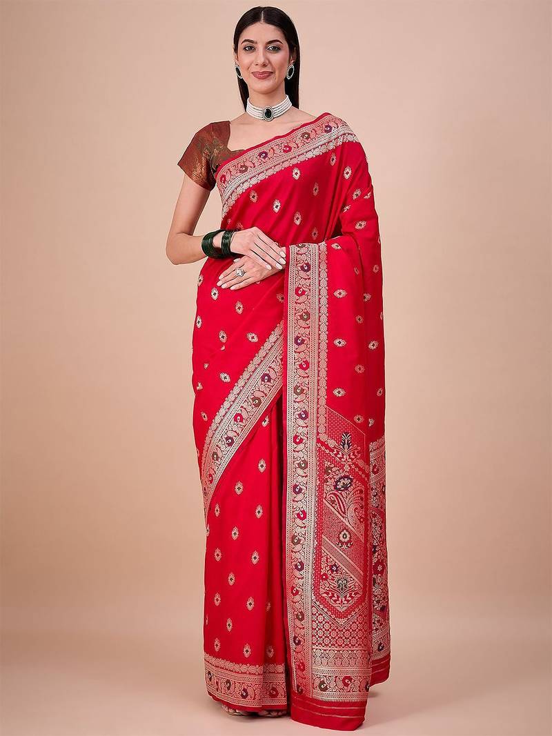Red woven design zari banarasi saree with unstitched blouse