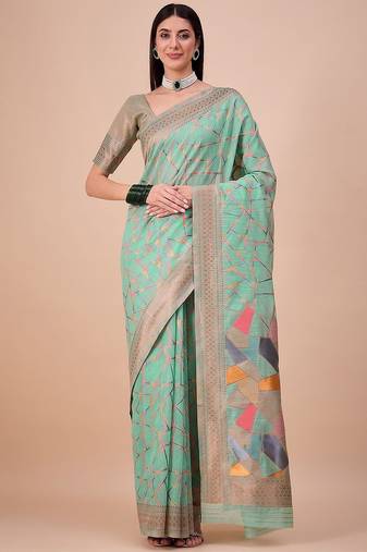 Green geometric woven design zari banarasi saree