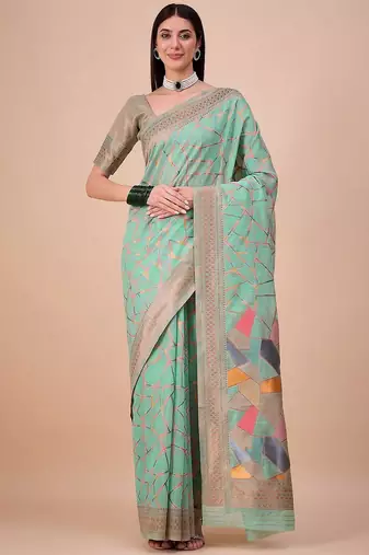 Green geometric woven design zari banarasi saree