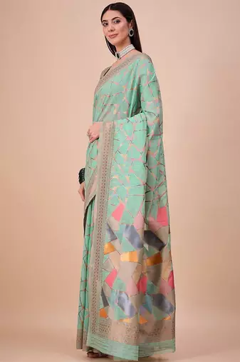 Green geometric woven design zari banarasi saree