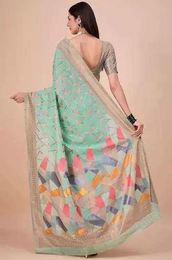 Green geometric woven design zari banarasi saree