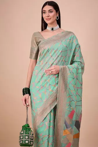 Green geometric woven design zari banarasi saree