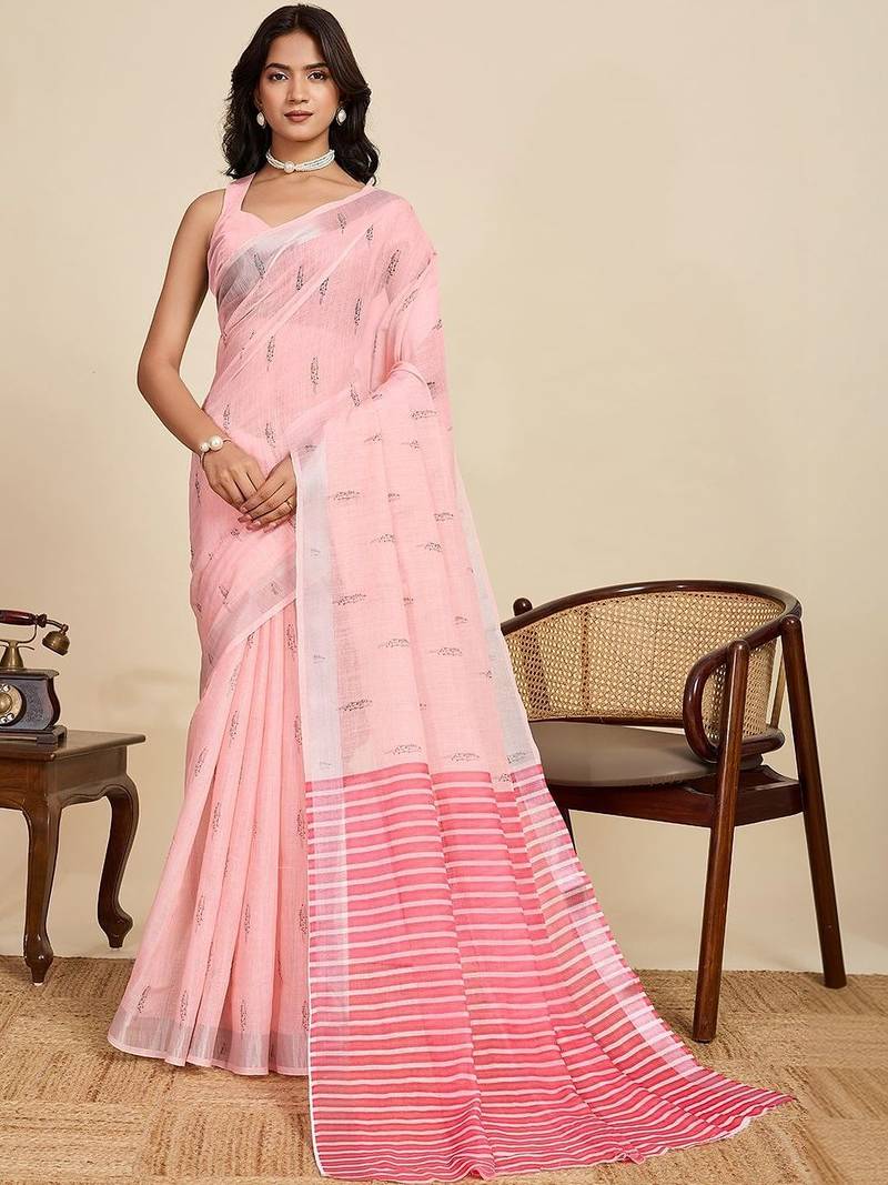 Pink printed saree with unstitched blouse