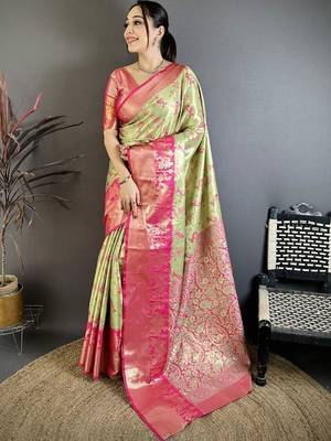 Green woven design kanjeevaram sarees with blouse piece 1