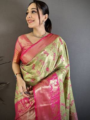 Green woven design kanjeevaram sarees with blouse piece 2