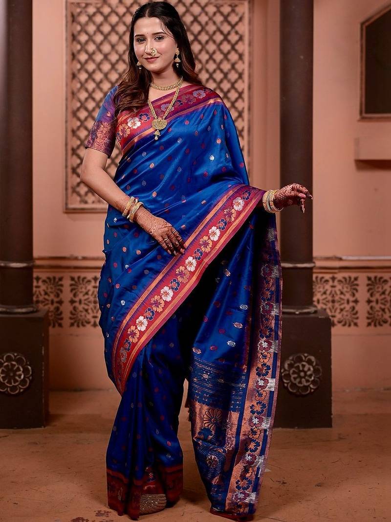 Navy blue classic indian silk rich woven pallu design sarees