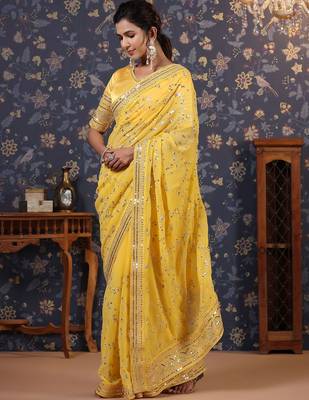 Yellow sequinned embellished saree with blouse piece 2