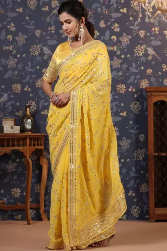 Yellow sequinned embellished saree with blouse piece