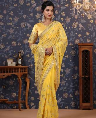 Yellow sequinned embellished saree with blouse piece 3