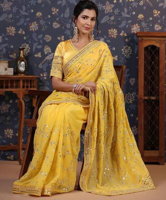 Yellow sequinned embellished saree with blouse piece 5
