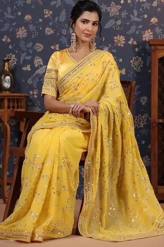 Yellow sequinned embellished saree with blouse piece