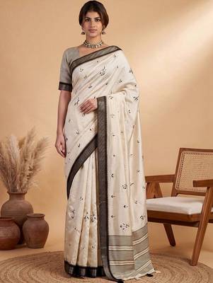 Off white ethnic motifs linen blend handloom tussar saree 1