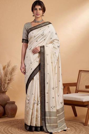 Off white ethnic motifs linen blend handloom tussar saree