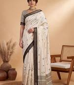 Off white ethnic motifs linen blend handloom tussar saree