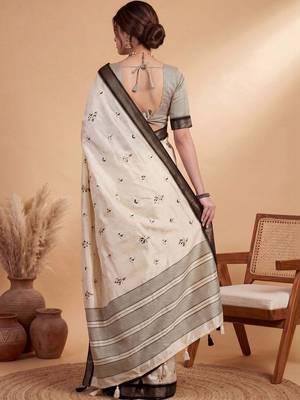 Off white ethnic motifs linen blend handloom tussar saree 2