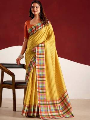 Yellow striped tussar sarees blouse piece 1