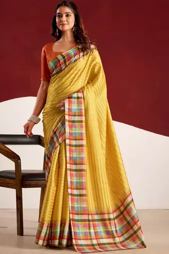 Yellow striped tussar sarees blouse piece