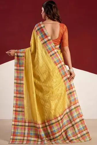 Yellow striped tussar sarees blouse piece