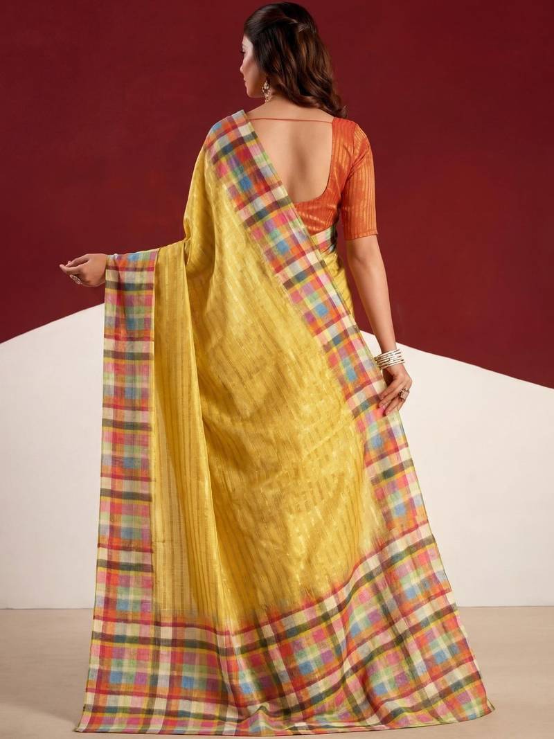 Yellow striped tussar sarees blouse piece