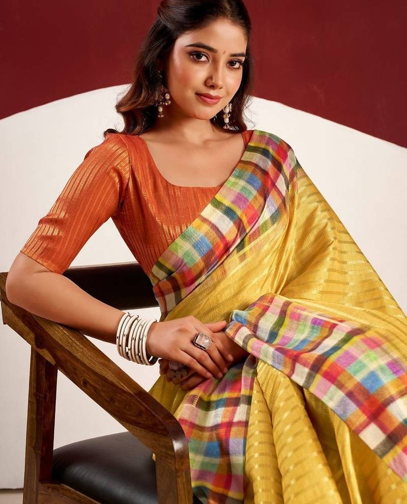 Yellow striped tussar sarees blouse piece