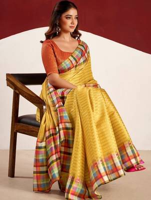 Yellow striped tussar sarees blouse piece 5