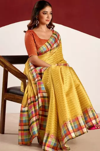 Yellow striped tussar sarees blouse piece