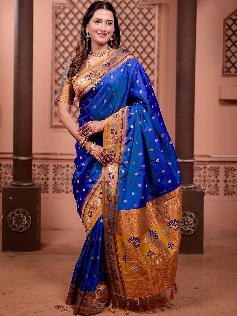 Blue classic indian silk rich woven pallu design sarees