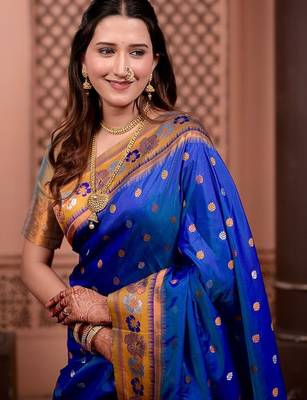 Blue classic indian silk rich woven pallu design sarees 3