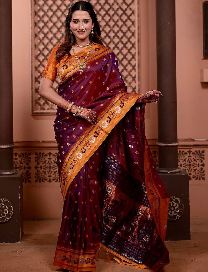 Maroon classic indian silk rich woven pallu design sarees