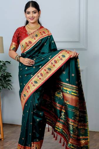 Green festive silk ornate zari border sarees