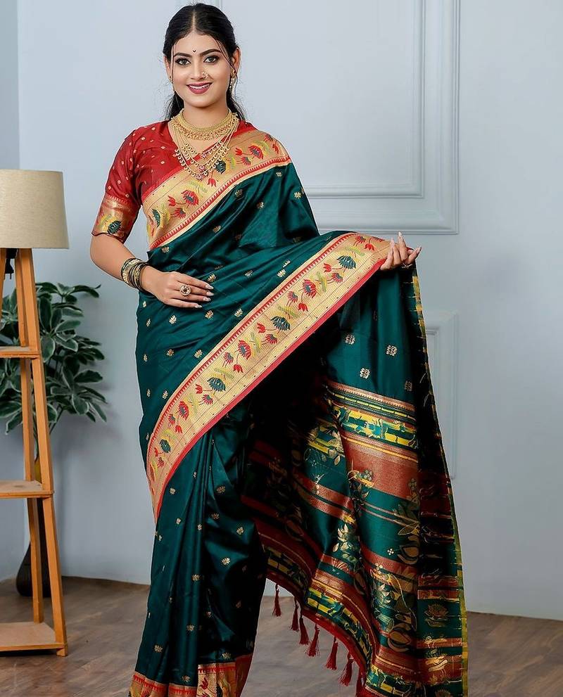 Green festive silk ornate zari border sarees