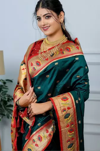 Green festive silk ornate zari border sarees