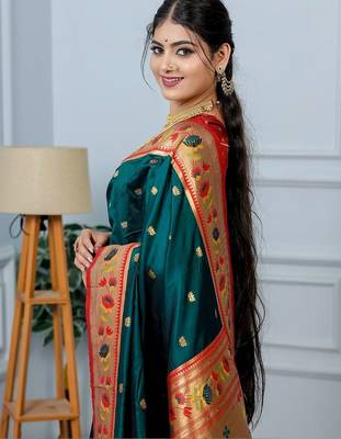 Green festive silk ornate zari border sarees 3