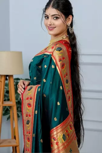 Green festive silk ornate zari border sarees