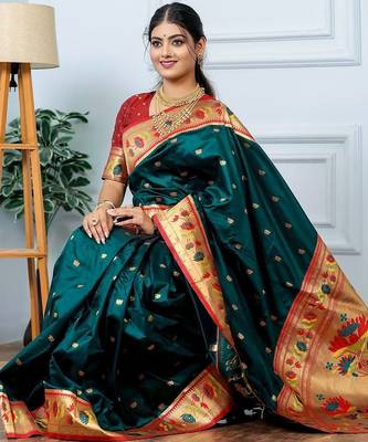 Green festive silk ornate zari border sarees 4