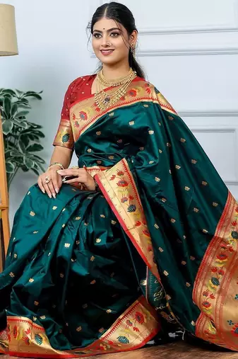 Green festive silk ornate zari border sarees