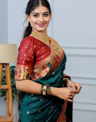 Green festive silk ornate zari border sarees 5