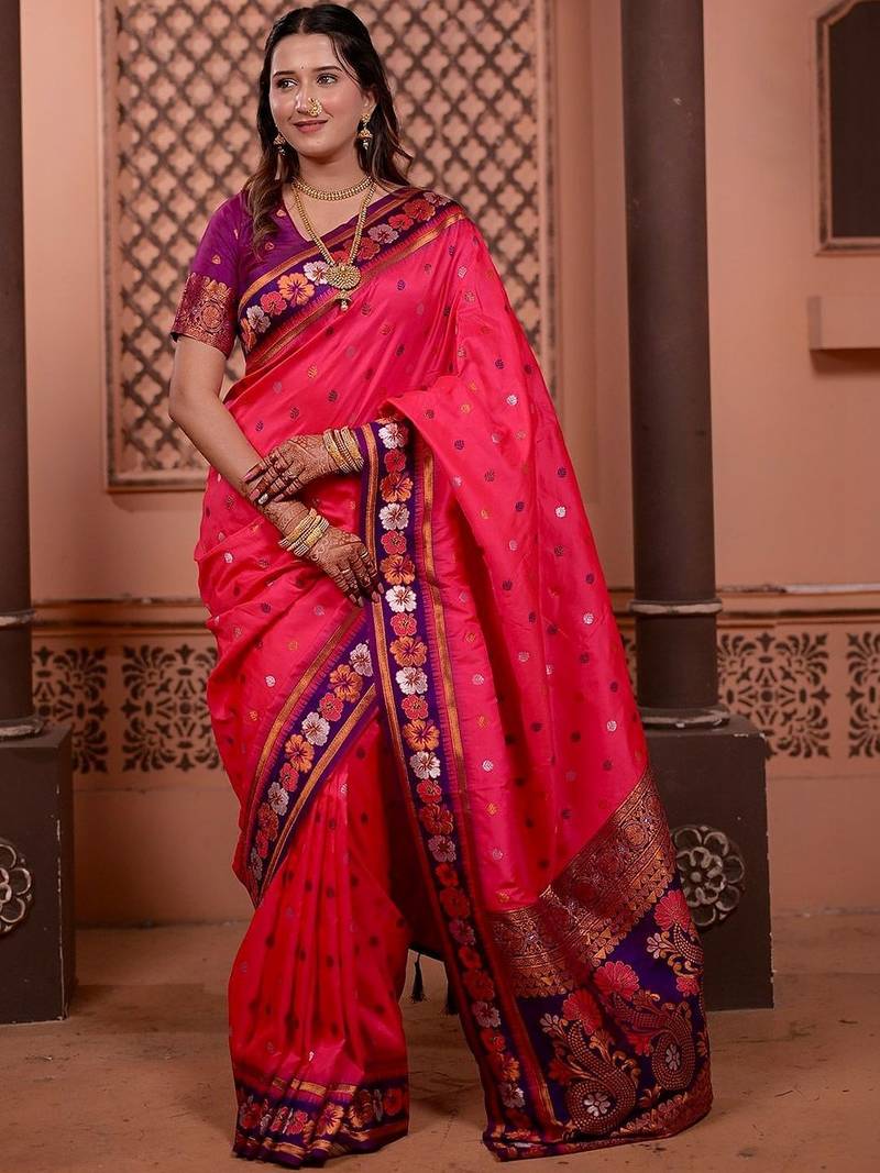 Pink luxurious silk rich woven pallu design sarees