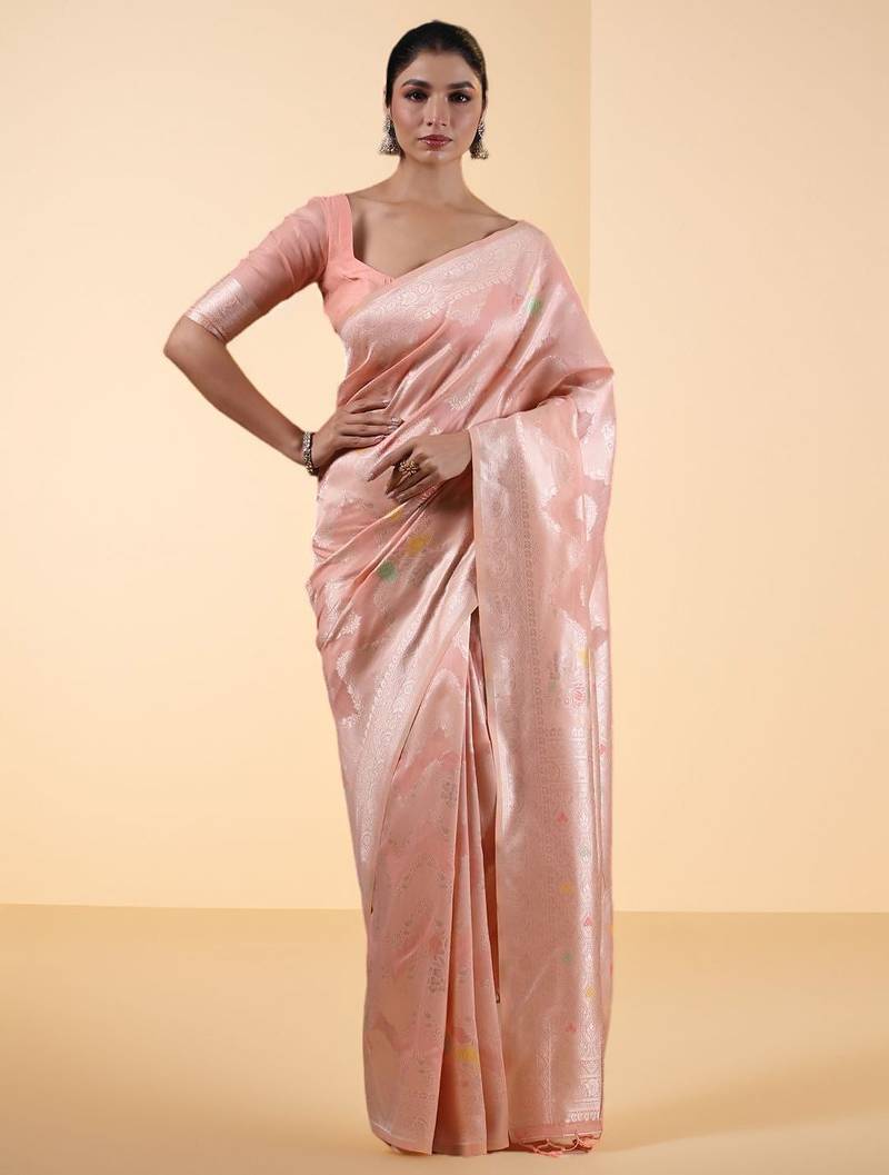 Pink women woven design saree with unstitched blouse