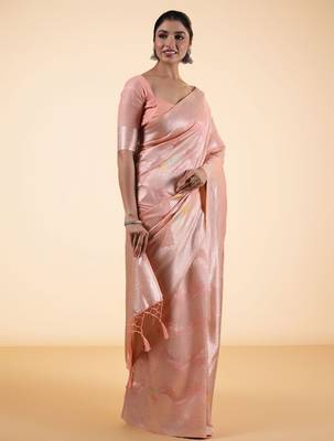 Pink women woven design saree with unstitched blouse 2