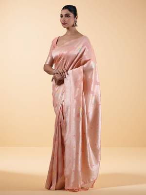 Pink women woven design saree with unstitched blouse 3