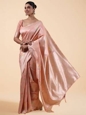 Pink women woven design saree with unstitched blouse 5