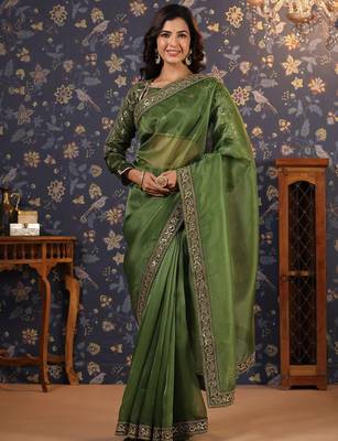 Olive embellished sequinned border saree 1